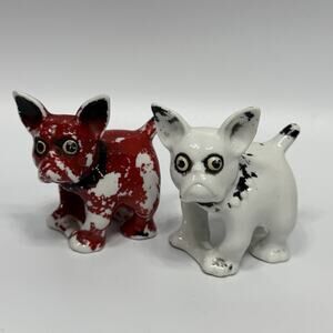 2 Vintage French Bulldog Figural Napkin Ring Red White Ceramic Japan 1940's 3.5"